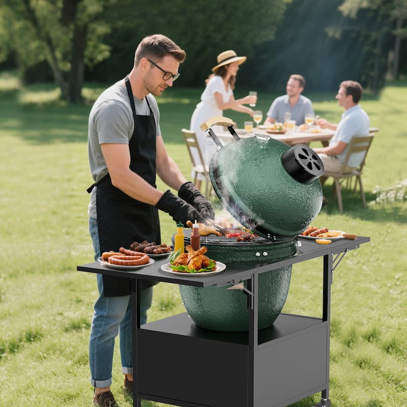 Outdoor Grill Table for Big Green Egg Style BBQ, Metal Grill Cart with 2 Folding Panels, Compatible with up to Large Green Egg