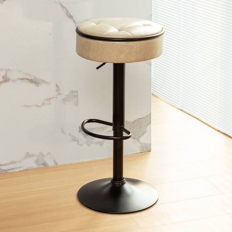 Round Storage Bar Stool Set of 2, Swivel Counter Height Chairs with Metal Frame, Faux Leather Armless Bar Chair