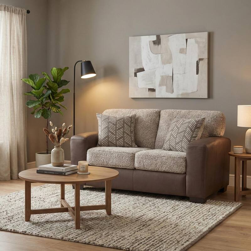 Roundhill Furniture Marvella 3-Piece Living Room Set, Chocolate Faux Leather and Curly Shearling Upholstery