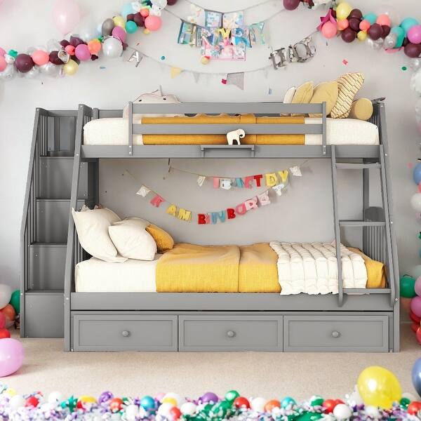 slide 2 of 13, Artsy Twin-Over-Full Bunk Bed with Drawers, Ladder & Storage Staircase, Maximized Space, Versatility Galore, Gray Grey