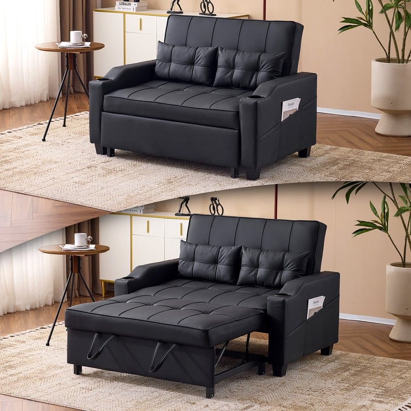 Upholstered Cat's Claw Leather Convertible Reclining Sleeper Sofa Bed With Cushions For Small Spaces - Black