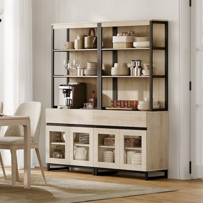 2 PCS Modern 72" Tall Buffet Cabinet with 2 Drawers and Open Shelves, Storage Cabinet for Dining Room or Kitchen - 72inches - Beige