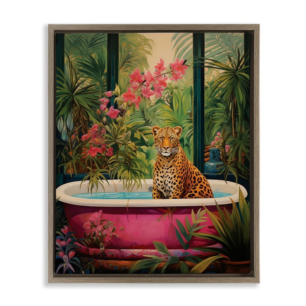 Stupell Leopard in Lush Tropical Bath Framed Floater Canvas Wall Art Design By Heidi Kuntz