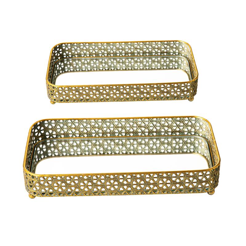 Glitzhome Set of 2 Rectangle Metal Gold Mirrored Decorative Trays -12"L & 14"L