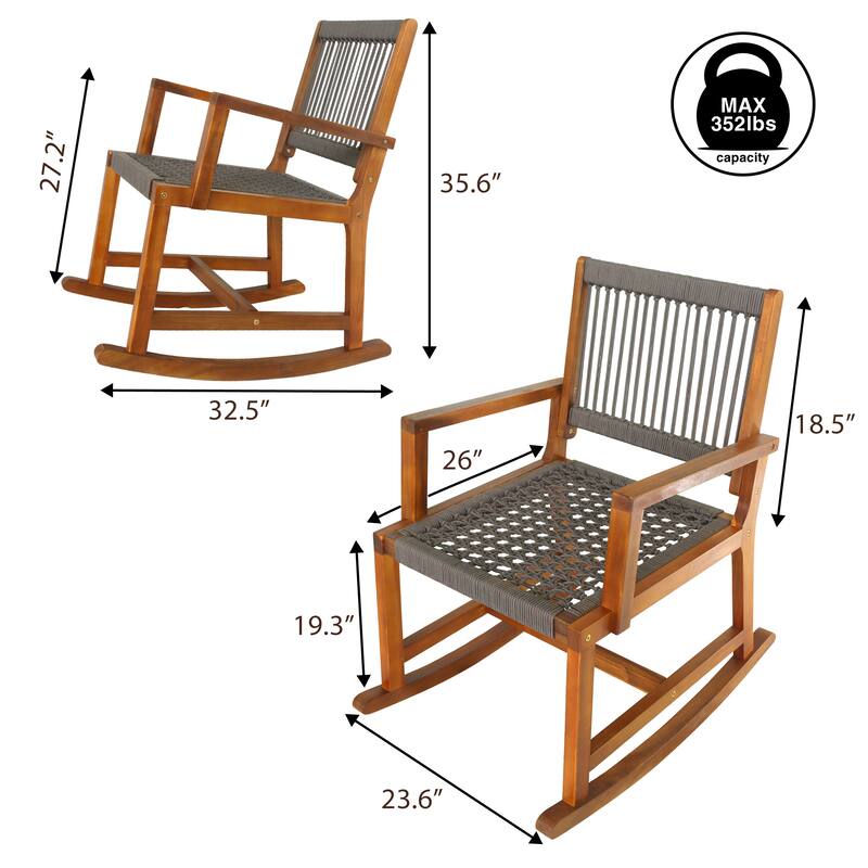 JONATHAN Y Laguna Coastal Casual 352-LBS Support Acacia Wood and Woven Rope Outdoor Rocking Chair