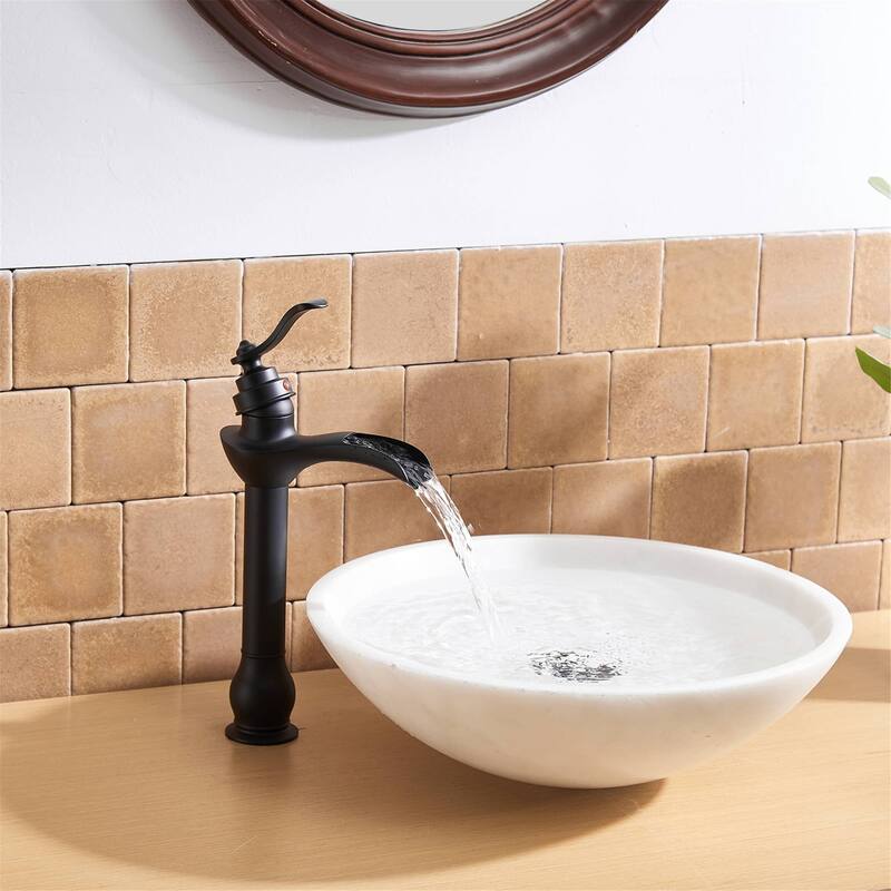 Waterfall Bathroom Vessel Faucet With Drain Assembly Single Handle Bathroom Vessel Sink Faucets One Hole High Taps With Valve - Matte Black