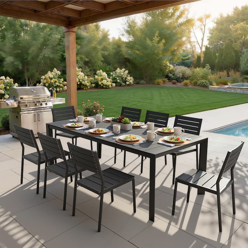 7/9/11-Piece Outdoor Patio Dining Set Aluminum Dining Table with Umbrella Hole and Stackable Dining Chairs