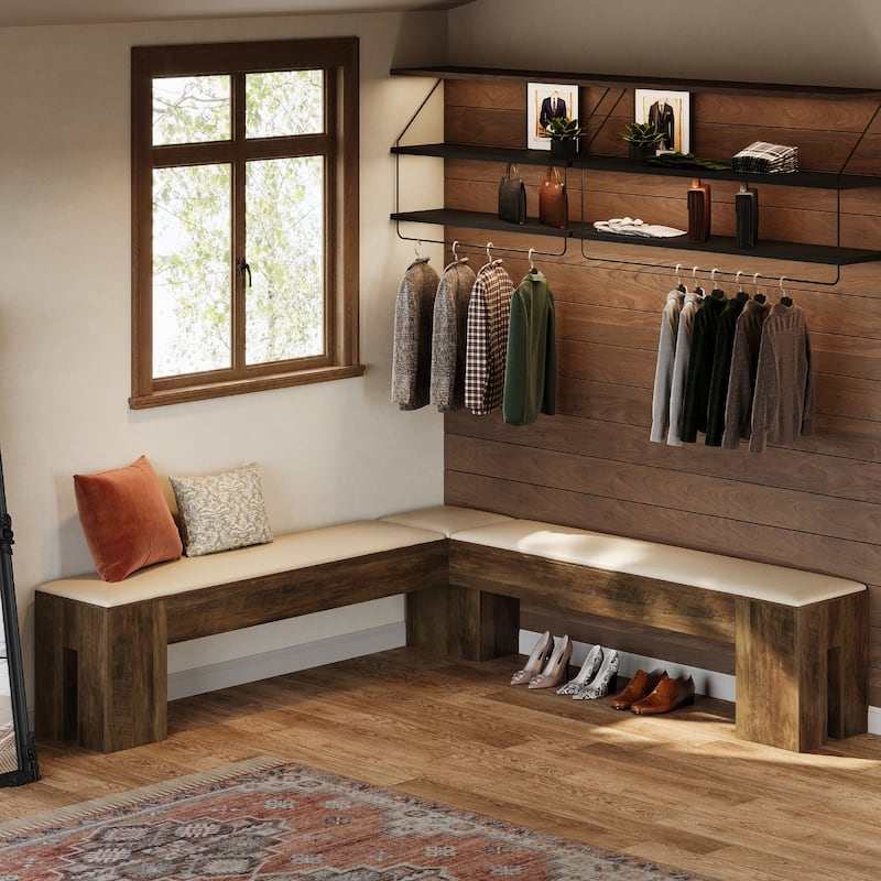 61 Inch L-Shaped Bench with Padded Seat Cushion for Entryway / Bedroom / Living Room / Kitchen Dining Room