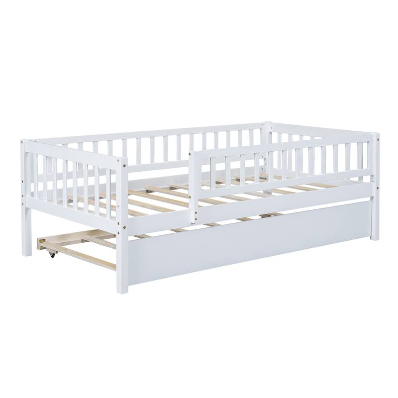 Wooden Twin Daybed with Trundle and Fence Guardrails, Space-Saving Design