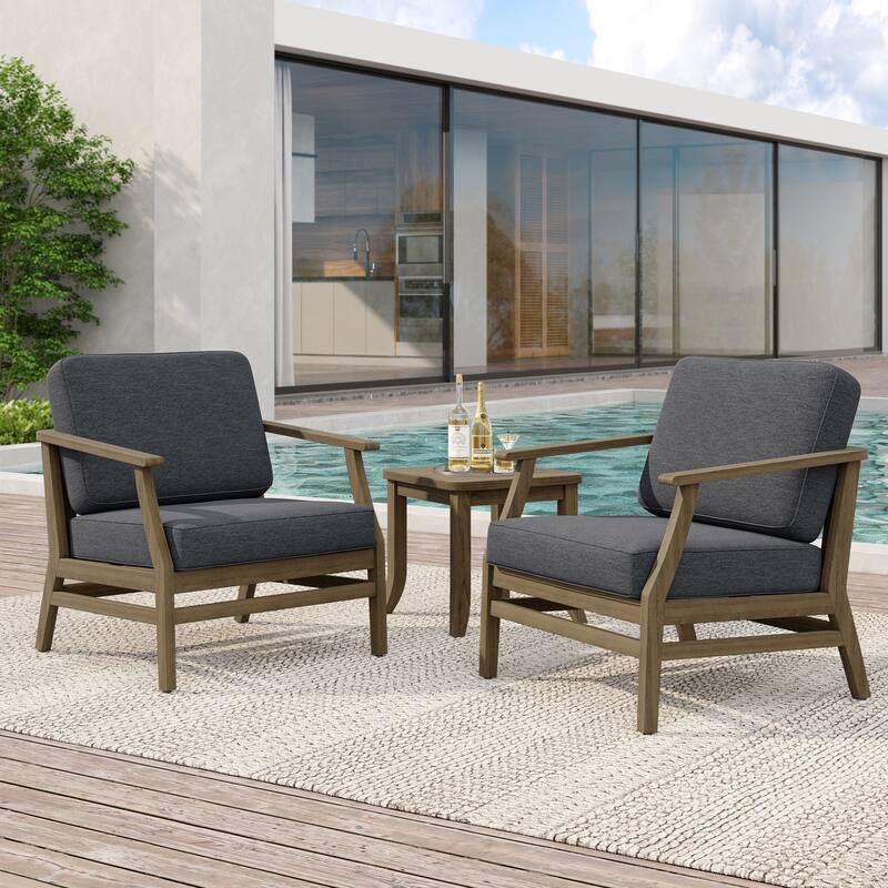 2 Set Patio Teak Wood Outdoor Chair and Side Table Set with Cushions