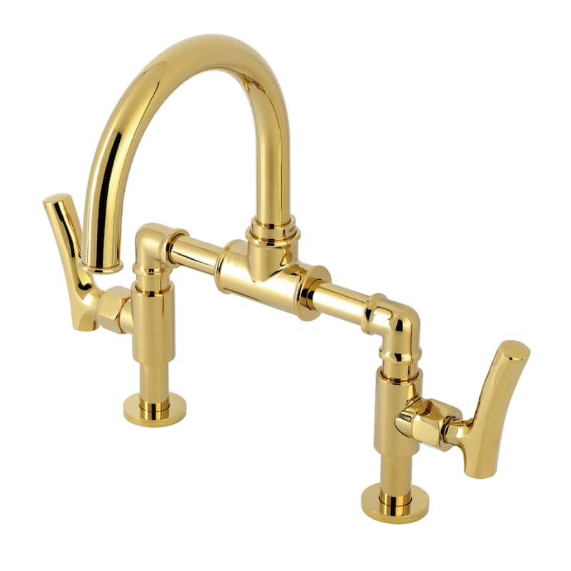 Kingston Brass Hallerbos Two-Handle 4-Hole Deck Mount Bridge Bathroom Faucet with Brass Pop-Up Drain - Polished Brass
