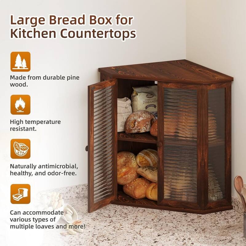 Extra-large locust wood square bread box 16.5-inch wooden bread box with glass wave door, farmhouse style design.