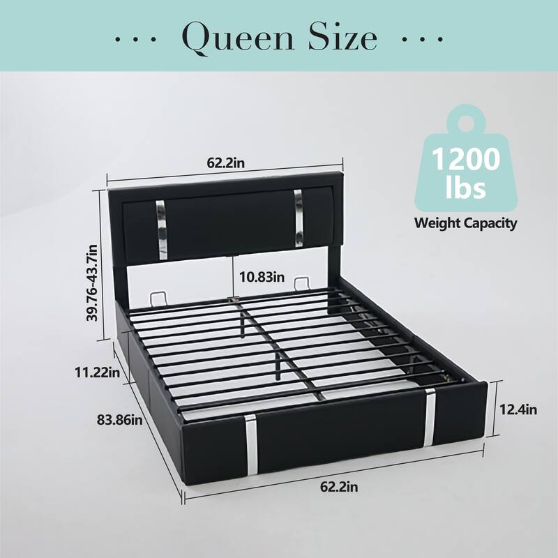 Queen Bed Frame with Adjustable LED Lights Headboard, USB-C Charging Ports, Upholstered Platform Bed, Metal Slats Support