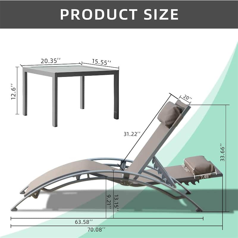 5 Adjustable Aluminum Textile Outdoor Patio Recliner Chairs in Gray, 2 Lounge Chairs and 1 Table - N/A