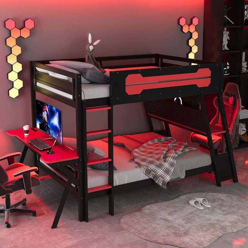 Gaming Bunk Bed Two Built-In Gaming Desks Each Side Loft Bed with USB Desktop Ports and Pegboard Organizer for Gaming Room Gamer - Red - Full