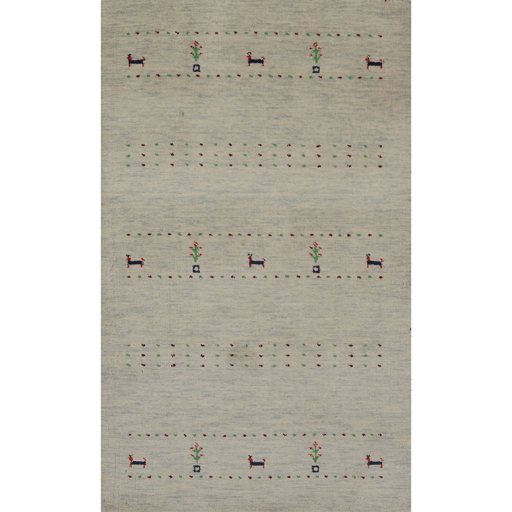 Hand Knotted Oriental 100% Wool Carpet Tribal Animal Pictorial Green Gabbeh Area Rug - 5' 0'' X 2' 10''