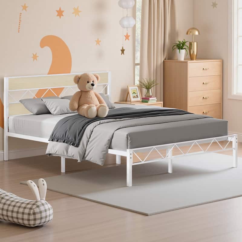 VECELO Vintage Metal Platform Bed Frame with Wood Headboard, Storage Bed, Noise-Free, No Box Spring Needed, Twin/Full/Queen Size