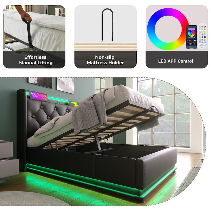 Twin/Full/Queen/King Upholstered Storage Bed with 360掳 LED, USB Type-C Charging, Remote/App Control, Black PU