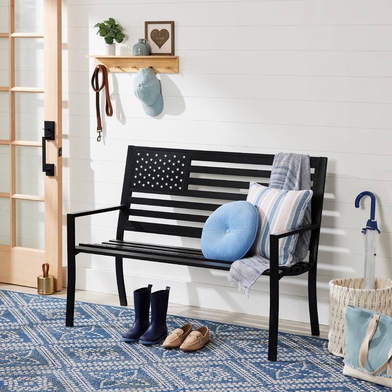 Black Steel Patriotic Outdoor Bench Curved Slatted Seating 50-Inch - 50"(L) x 26.75"(W) x 37.25"(H)