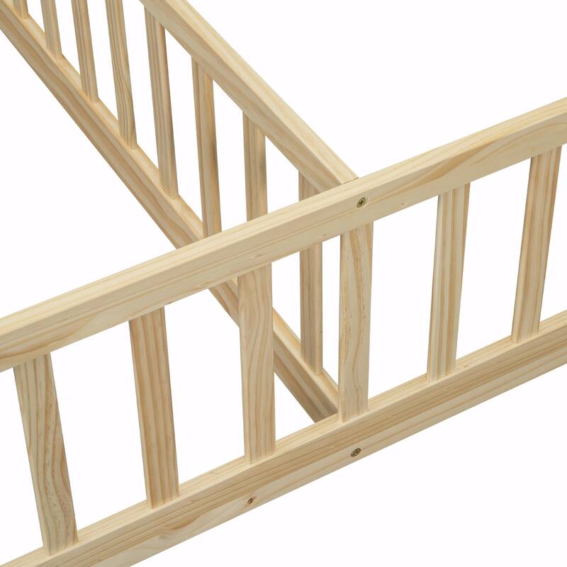 Double Twin House-Style Floor Bed with Fence and Guardrails, No Door
