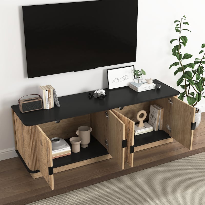 Natural Wood Grain Four Door MDF TV Cabinet Nordic Modern Minimalist 55x15.7x18.9 inch