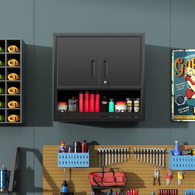 Metal Wall-Mounted Tool Storage Cabinet with Locking Door and 1 Shelf 1 Opened Drawer
