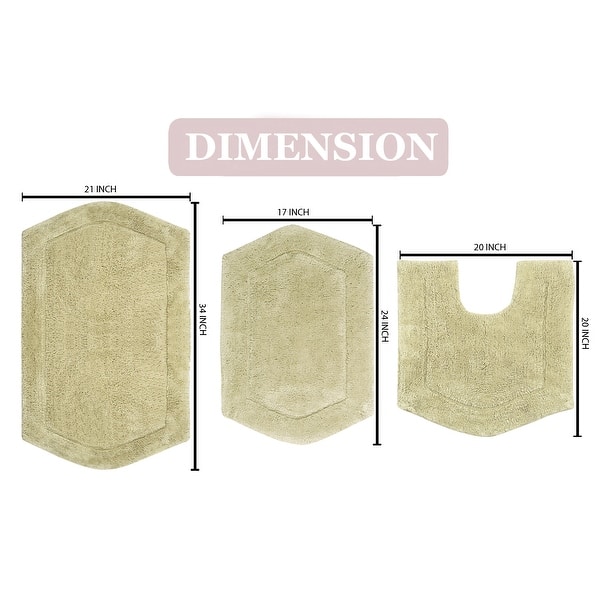 dimension image slide 11 of 19, Waterford Collection 100% Cotton Non-Slip Bathroom Rug Set, 3 Piece Machine Washable- Bathroom Rug, Bath Rug, U Shaped Contour