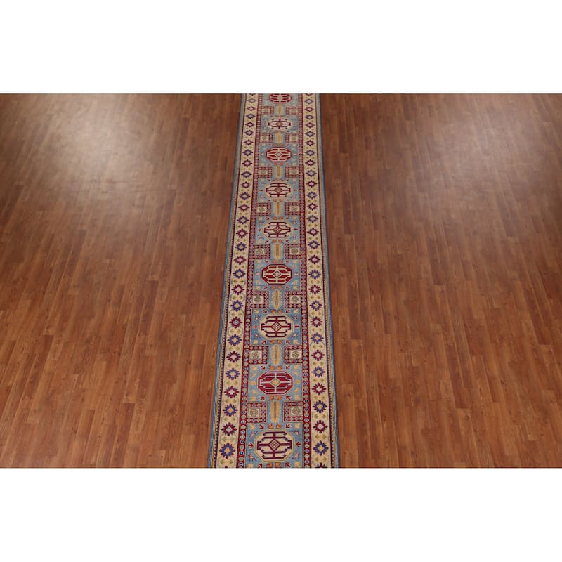 Light Blue Kazak Runner Rug Handmade Wool Carpet - 2'7" x 20'7"