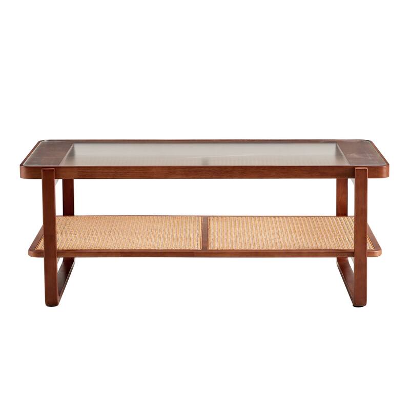 Roomfitters Walnut Solid Wood Coffee Table with Rattan Shelf, Glass Top Rectangle Tea Table for Living Room or Bedroom