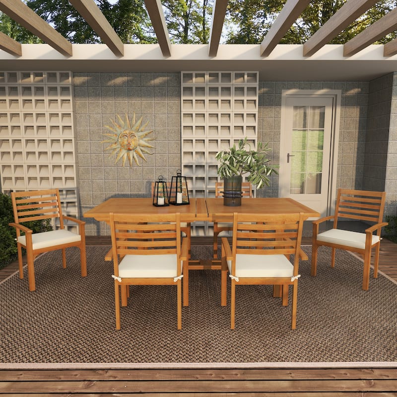 Brown Teak Wood Patio Outdoor Dining Set with White Cushions and Extendable Table Leaf (Set of 7) - 83"W, 30"H(A+B)