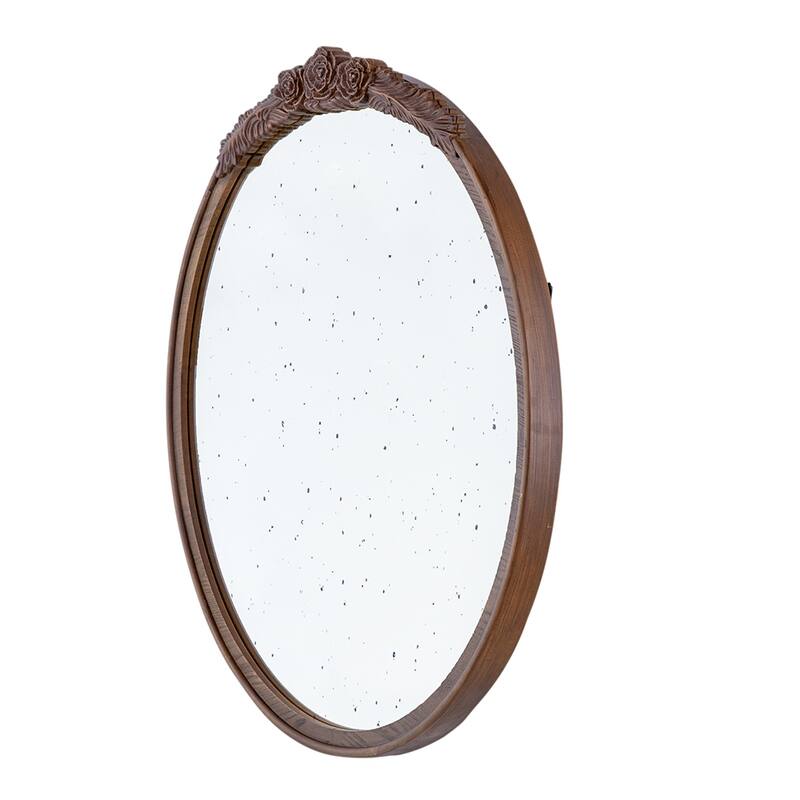 30"x30" Round Hand Carved Rose Antique Mirror Frame, Wall Mirror for Live space, Bathroom, Entryway Wall Décor(Brown) - Brown