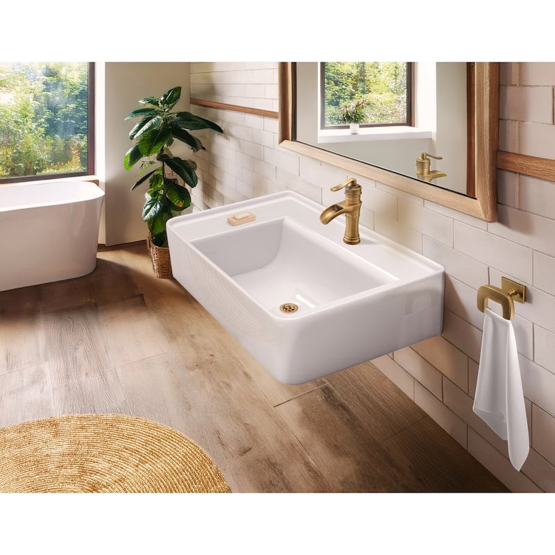 Rectangular Wall Mount Basin with Faucet Drilling Options and Rear Center Drain Location