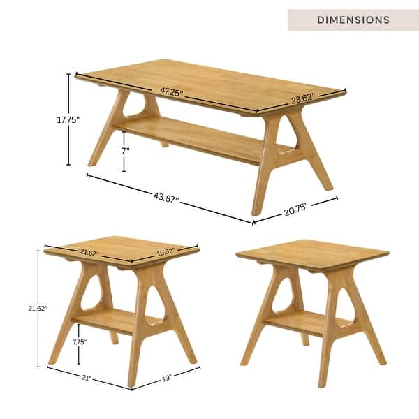 dimension image slide 1 of 3, Roundhill Furniture Arona Mid-Century Modern Wood 3-Piece Coffee Table Set