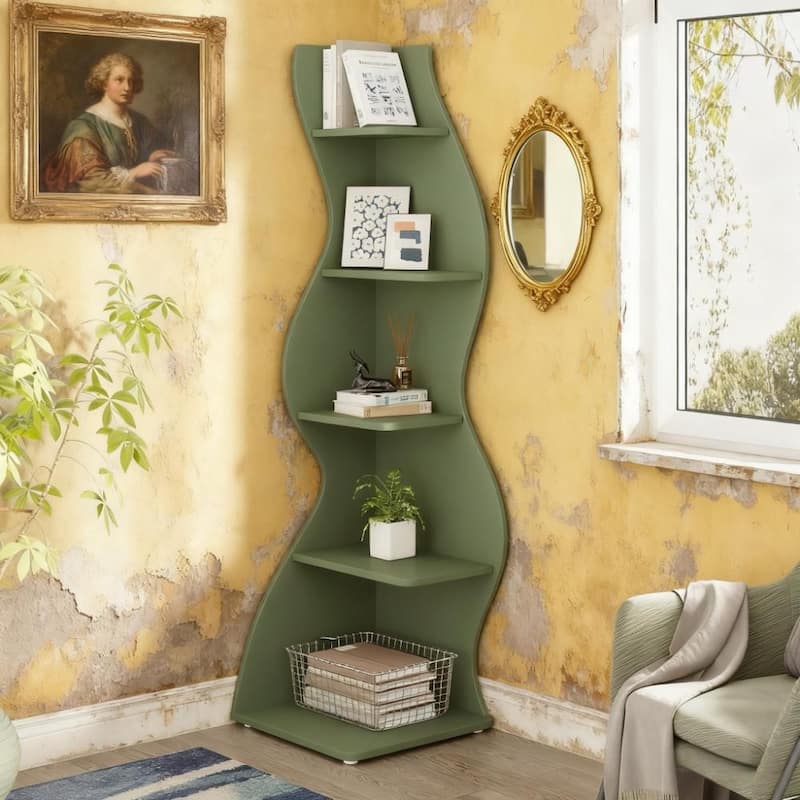 70.47" 5-Tier Wall Corner Bookshelf Corner Shelf Storage - Sage Green