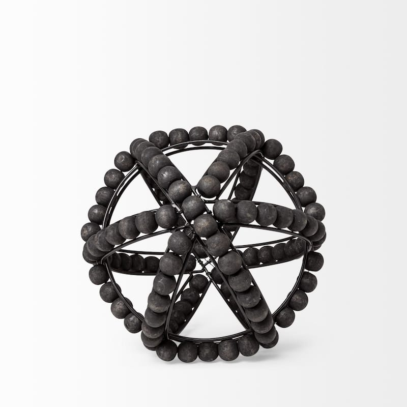 Black Wooden Bead and Metal Orb Sculpture