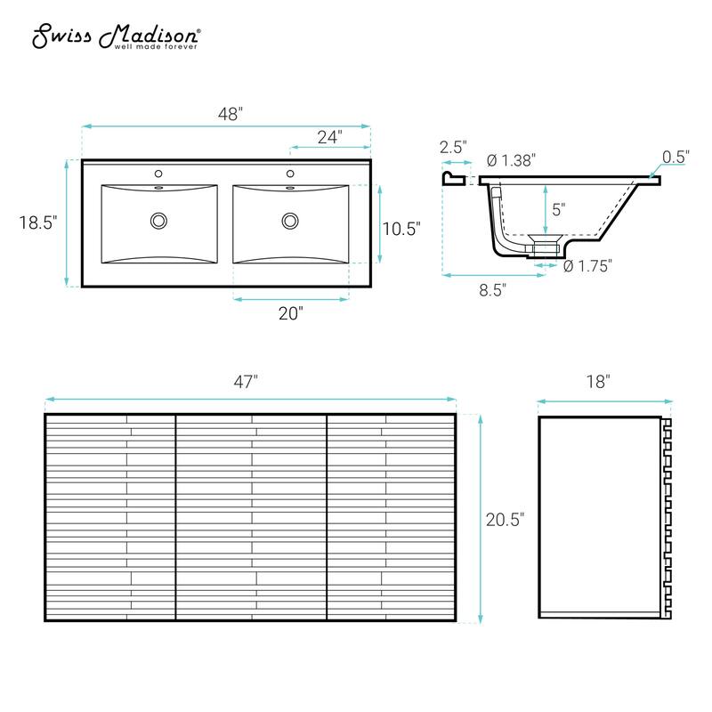 Cascade 48" Wall-Mounted Bathroom Vanity In Brown Oak With Sink Top - 48