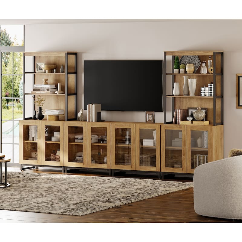 Modern TV Stand with 3 Tiers Bookshelf,Wooden Media TV Console with Glass Doors for Living Room