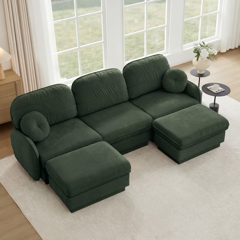 105" Chenille Sectional Sofa with 2 Round Pillows and 2 Movable Ottomans - Green