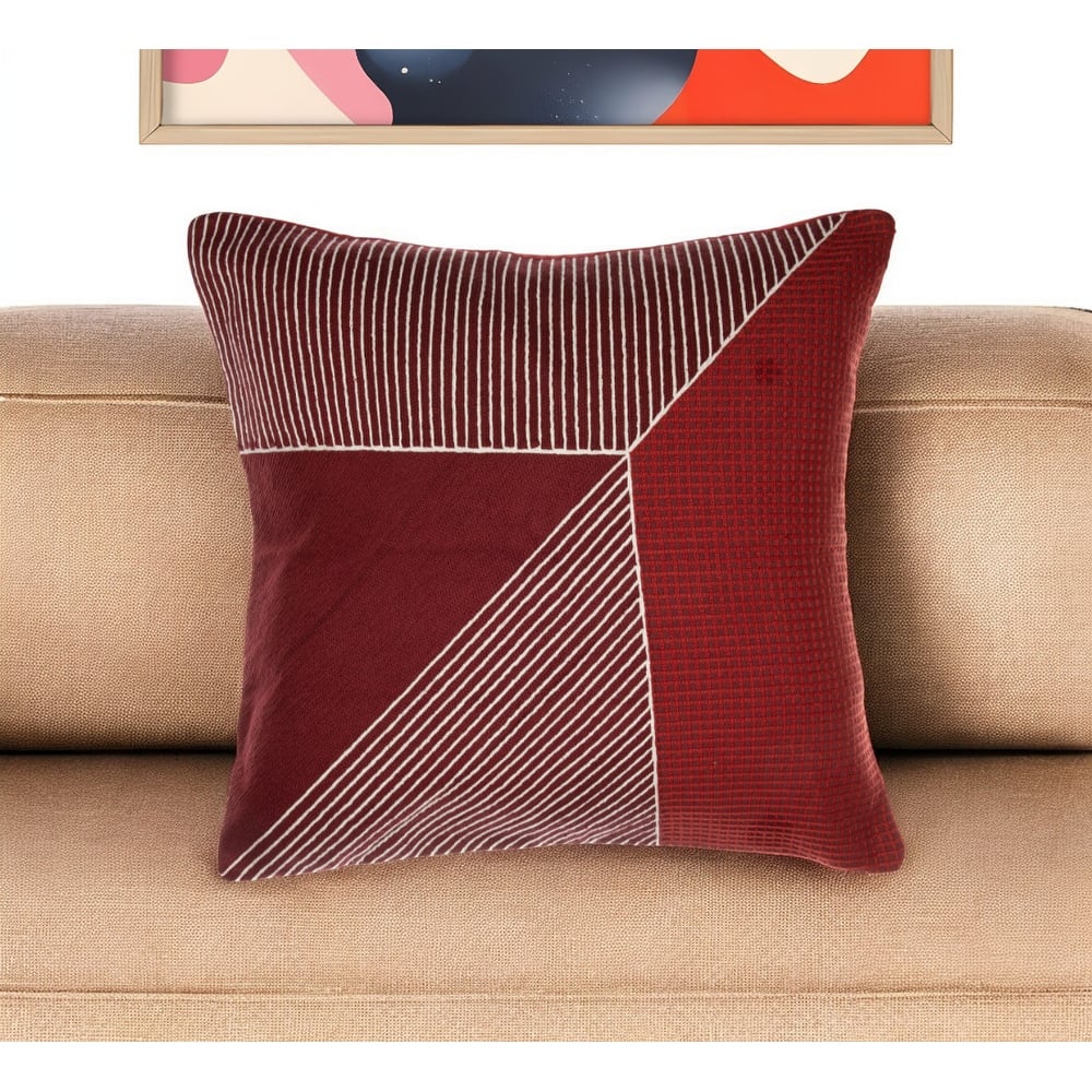 HomeRoots 24" Red and White Geometric Cotton Throw Pillow With Embroidery