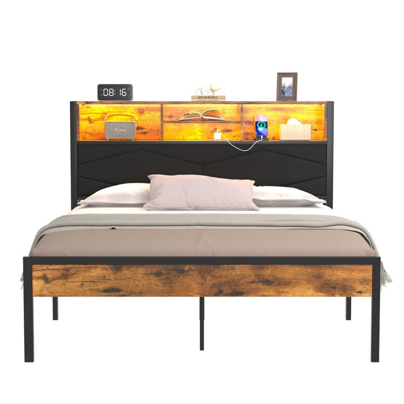 VECELO Upholstered Storage Bed Frame with LED Lights and Storage Headboard, LED Bed Frame with Charging Stations
