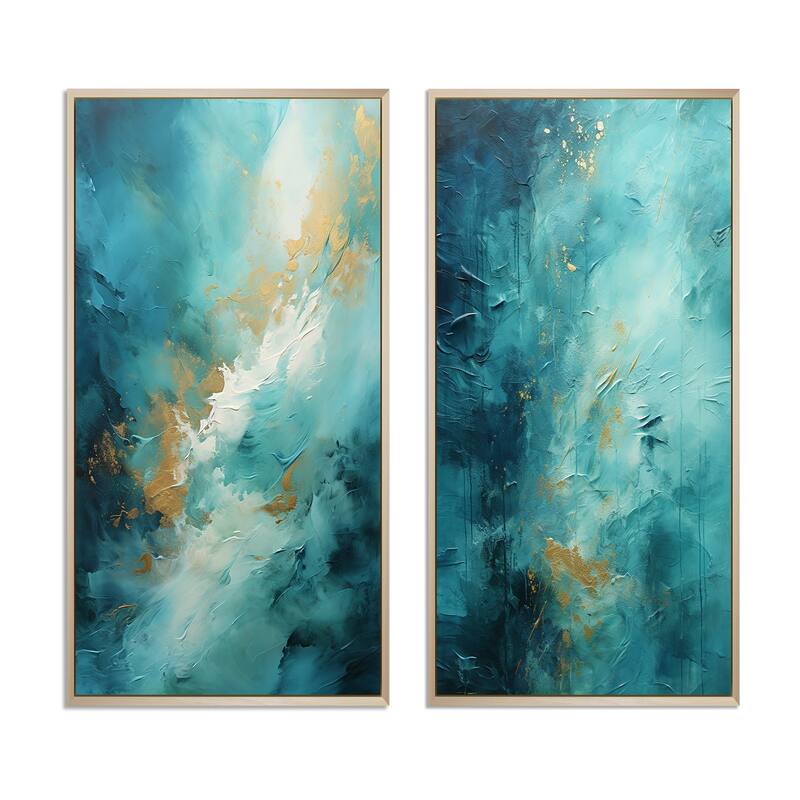 Designart "Turquoise Tranquility" Abstract Landscapes Framed Wall Art Set Of 2 - Green Gallery Set For Office Decor