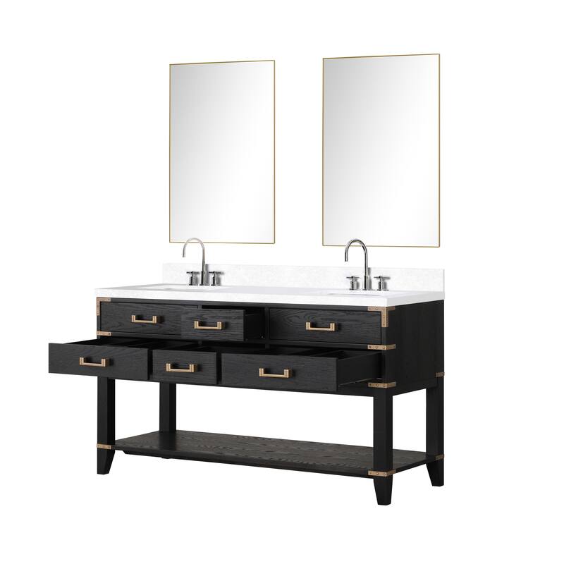 Norwalk 60 in W x 22 in D Black Oak Double Bath Vanity, Cultured Marble Top, Faucet Set, and 28 in Mirrors
