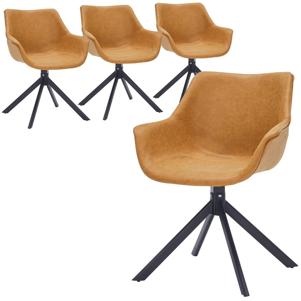 Markley Leather Swivel Dining Armchair with Black Iron Base - Accent Dining Chair for Kitchen and Dining Room Set of 4