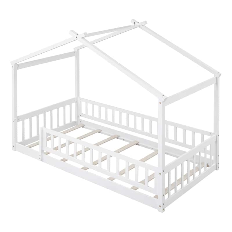 Twin/Full Size House Bed with Roof and Fence Shaped Rails, Wood ...