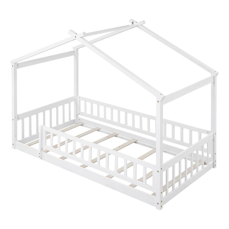 White Twin Size Wood House Bed Frame with Roof and Fence