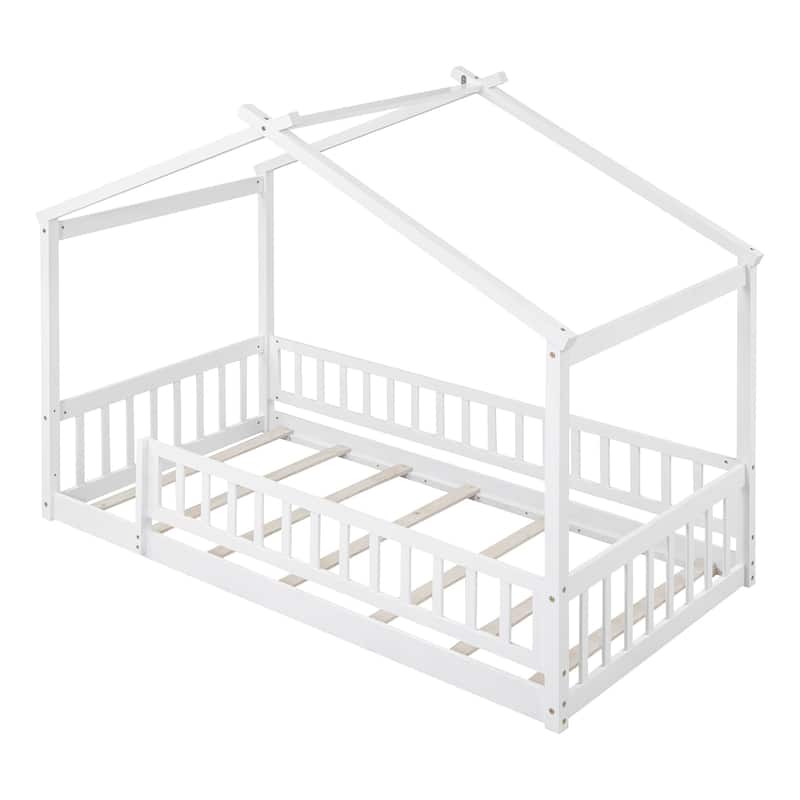 Wood Bed House Bed Frame with Fence for Kids