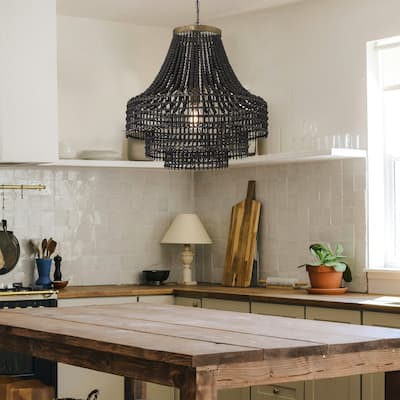 Metal, Rattan and Wood Bead Chandelier - 21.9"L x 21.9"W x 23.4"H