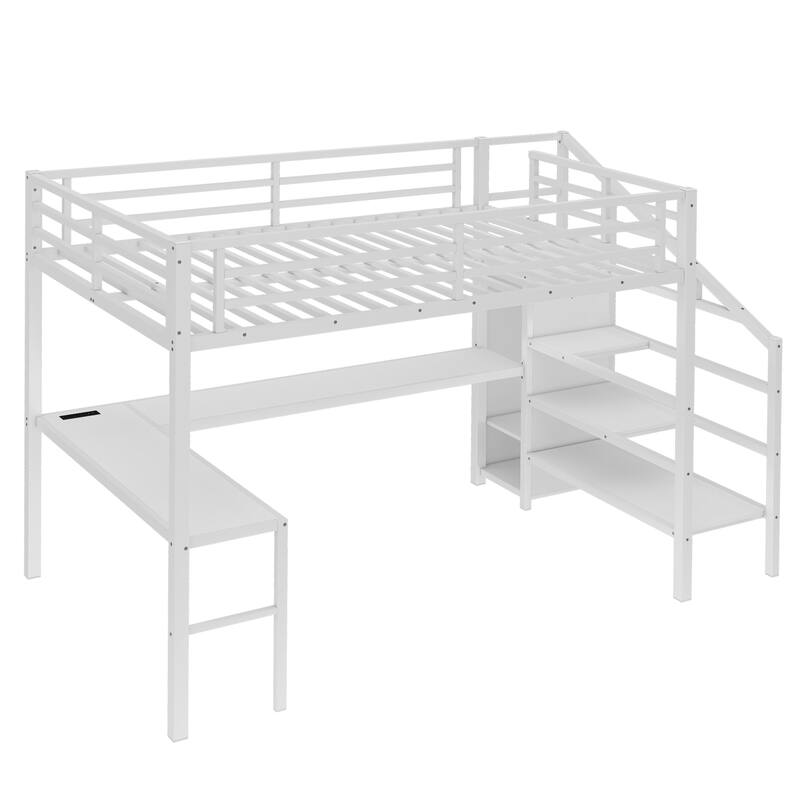 Roomfitters Queen Size Metal Loft Bed with L-Shaped Desk, USB Ports, LED Lighting & Adjustable Shelves, White