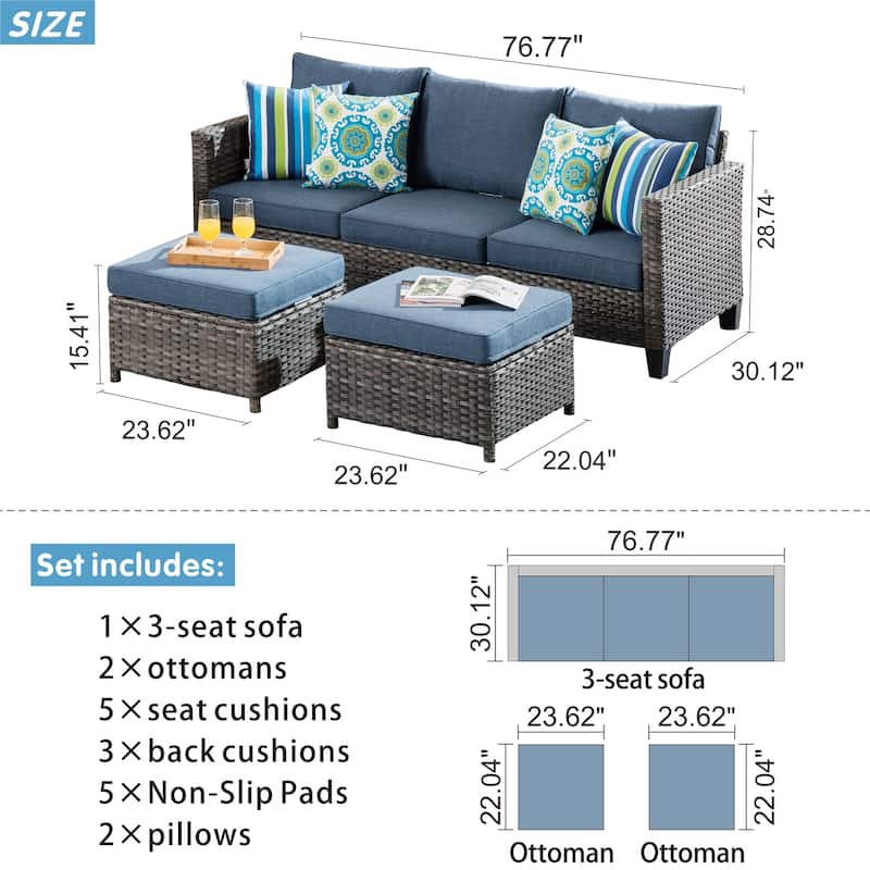 OVIOS 3-piece Outdoor Wicker Conversation Ottoman Set