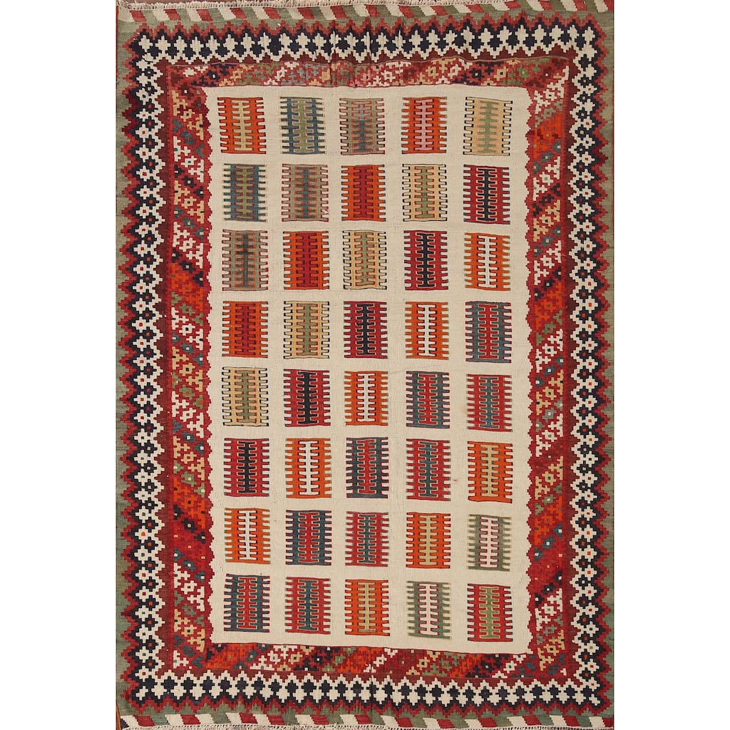 Coral Kilim Qashqai Persian Rug Flatweave Vintage Wool Carpet - 5'3"x 7'3"